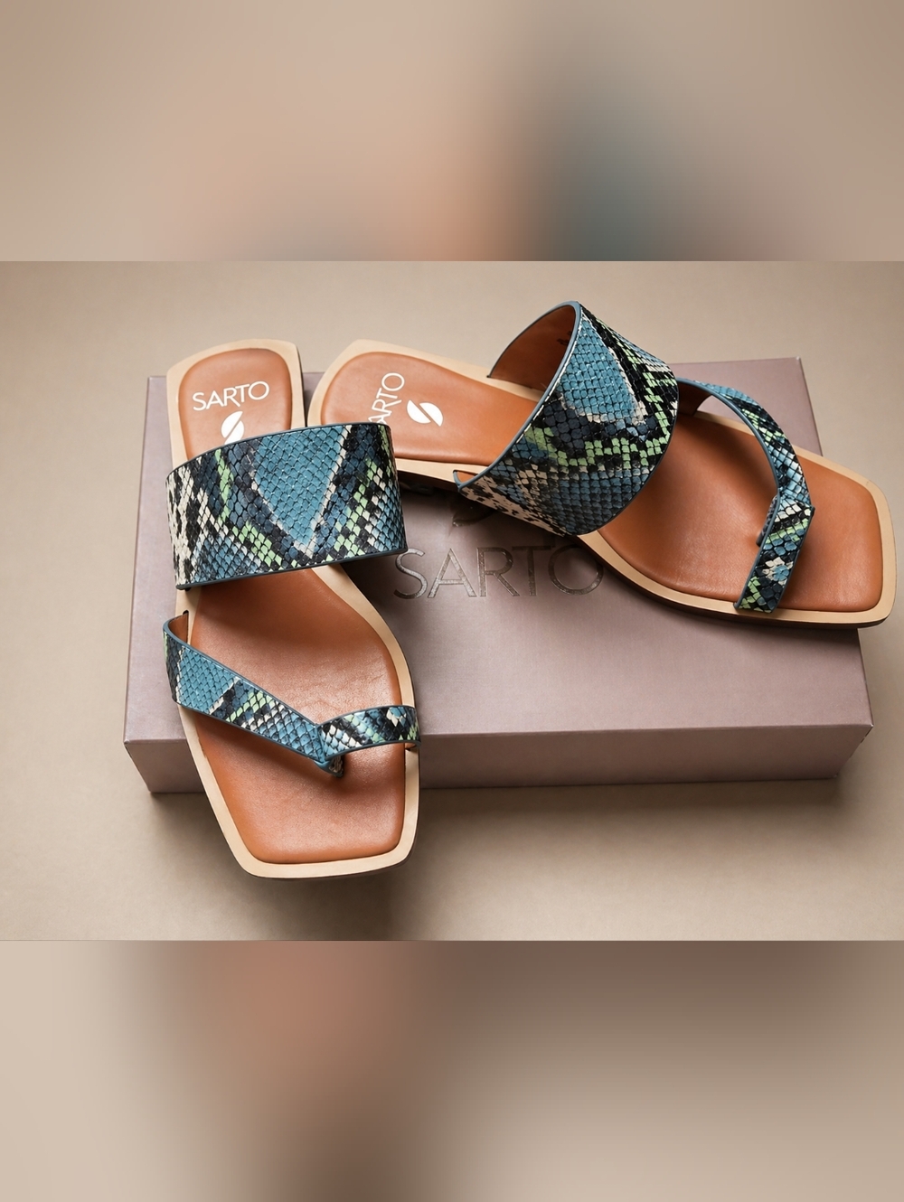 Franco Sarto Blue and Green Snake Print Sandals